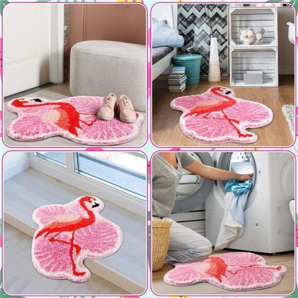 Pink Flamingo Palm Bath Mat Tropical Tufted Non Slip Bathroom Rug Soft Floor Dec - Picture 4 of 7